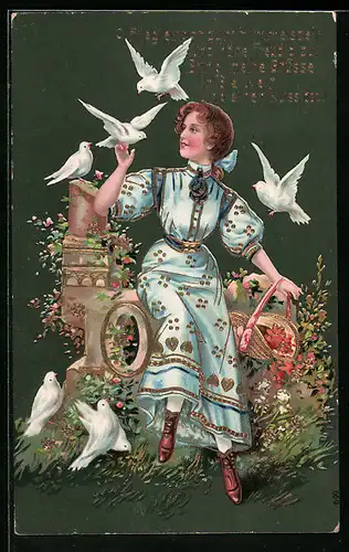 Präge-AK Blumenmädchen und weisse Tauben