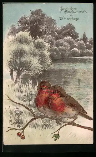 Präge-AK Zwei Rotkehlchen vor einem See, Namenstagsgruss