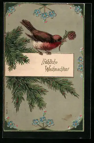 Präge-AK Rotkehlchen mit Tannenzapfen, Weihnachtsgruss