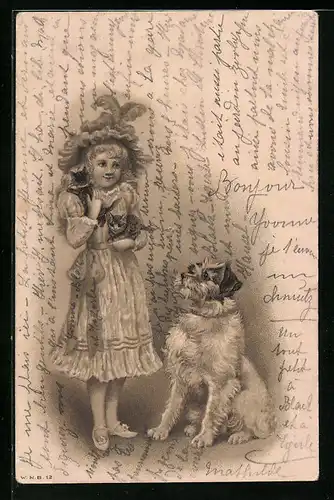 AK Mädchen mit Hund und Kätzchen