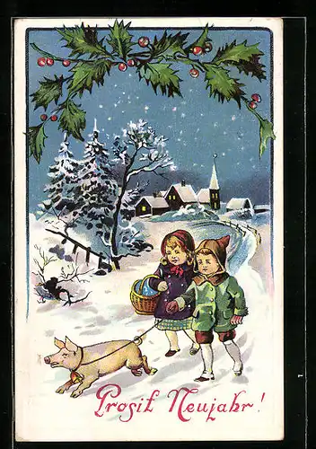 AK Kleines Paar mit Schwein vor winterlichem Ort, Neujahrsgruss