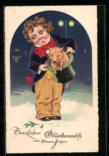 AK Zauberer und kleines Schwein im Zylinder, Neujahrsgruss