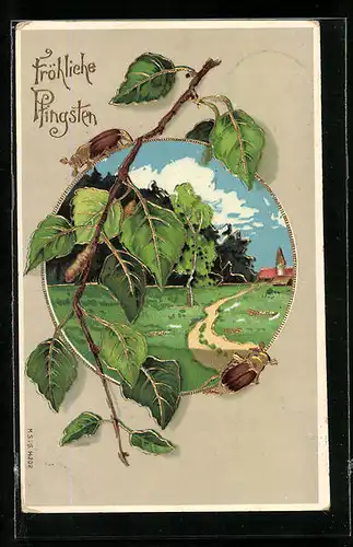 AK Maikäfer und Zweig vor Frühlingsidylle, Pfingstgruss
