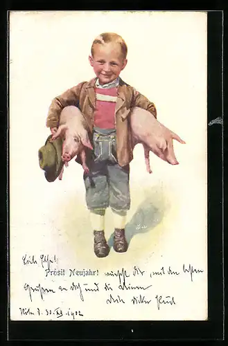 AK Knabe mit zwei Schweinen unter den Armen, Neujahrsgruss