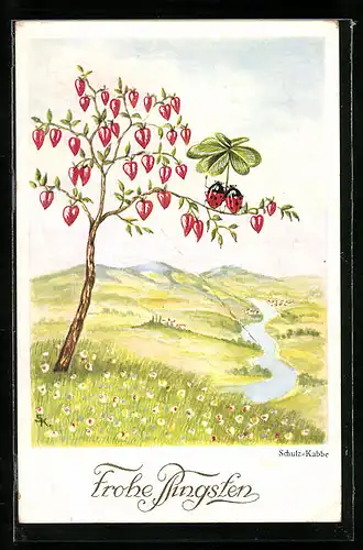 AK Marienkäfer-Paar auf einem blühenden Baum, Pfingstgruss