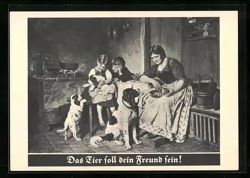 AK Das Tier soll dein Freund sein!, Bernhardiner mit Welpen, Mutter und Kindern