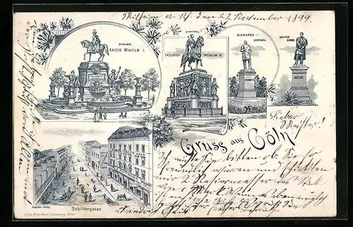 Lithographie Cöln, Denkmal Kaiser Wilhelm I., Schildergasse