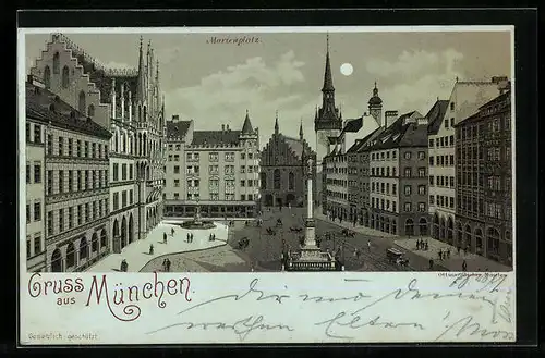 Mondschein-Lithographie München, Marienplatz mit Kirche