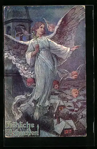 AK Hübscher Weihnachtsengel fliegt mit Engelsköpfen über die verschneite Ortschaft