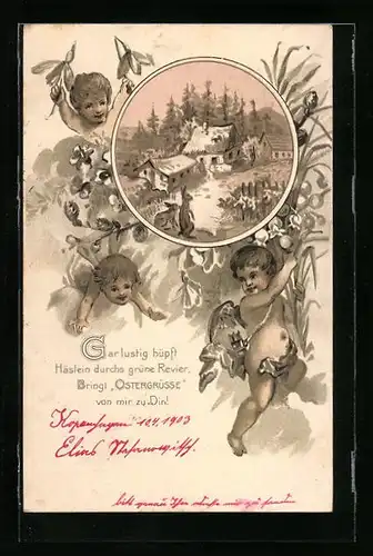 AK Osterhasen im Dorf, Lachende Engelchen
