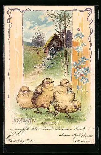 AK Fröhliche Ostern, Osterküken im Dorf