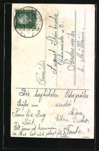 AK Osterküken mit Ostereiern, Blütenzweig