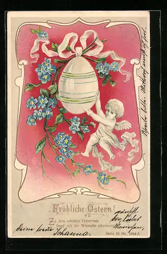 AK Osterengel mit Ei und Vergissmeinnicht