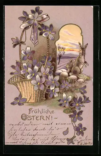 AK Osterhase mit Korb voller Blumen
