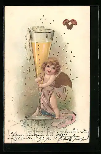 AK Neujahrsengel mit Sektglas