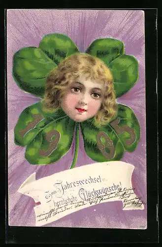 AK Mädchenkopf auf Kleeblatt, Jahreszahl 1905