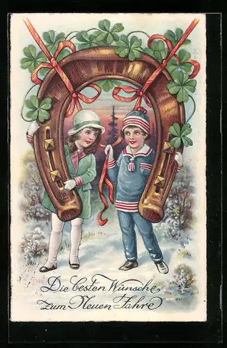 AK Kinder mit Hufeisen und Kleeblatt