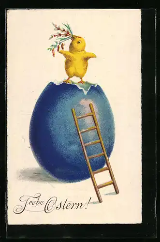 AK Osterküken mit Blumen auf der Eierschale