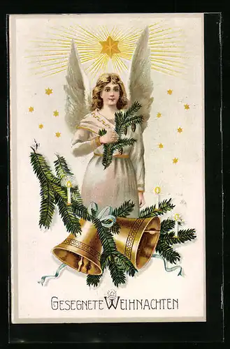 AK Weihnachtsengel mit Tannenzweig und Glocke