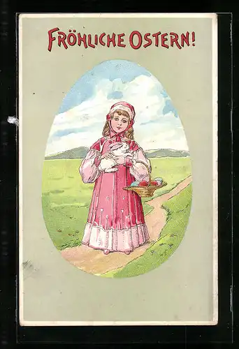 AK Mädchen mit Osterhasen und Eiern