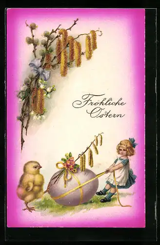 AK Mädchen und Osterküken ziehen Osterei