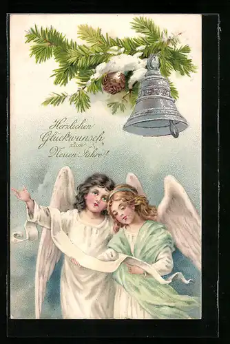 AK Neujahrsengel mit Tannenzweig und Glocke