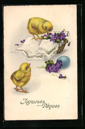AK Osterküken mit Veilchen und Osterei