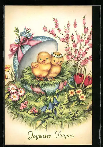 AK Osterküken im Osterei, Joyeuses Paques