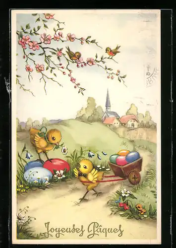 AK Osterküken zieht Karre voller Ostereiern