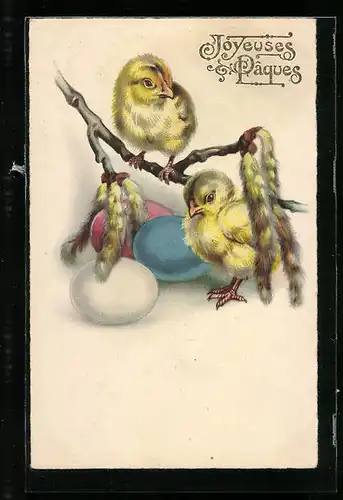 AK Joyeuses Paques, Osterküken mit Ostereiern
