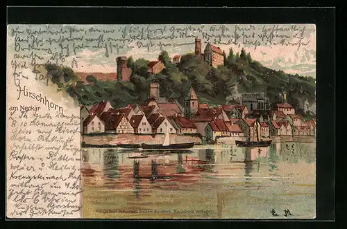 AK Hirschhorn am Neckar, Ortsansicht mit Segelbooten