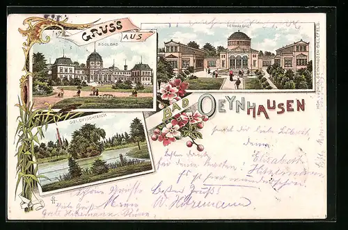 Lithographie Bad Oeynhausen, Thermalbad, Soolbad, Goldfischteich