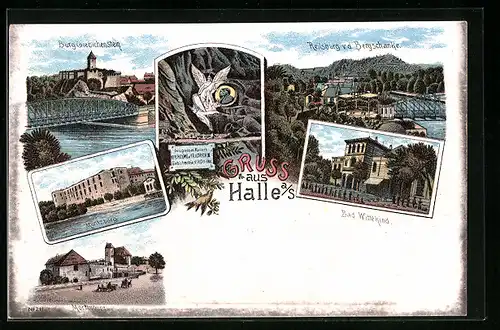 Lithographie Halle a. S., Reilsburg v. d. Bergschenke und Burg Giebichenstein