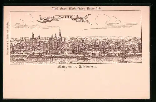 AK Mainz, Ortsansicht im 17. Jahrhundert nach einem Merianschen Kupferstich