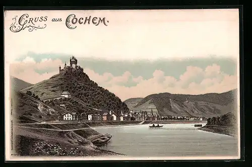 Lithographie Cochem, Ortsansicht mit Moselpartie