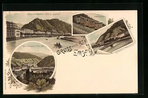 Lithographie Bad Ems, Ortsansicht, Malbergbahn, Kursaal u. Promenade