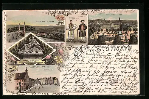 Lithographie Stuttgart, König Karl-Brücke, Marktplatz mit Rathaus, Schwäb. Volkstrachten und Kgl. Schloss