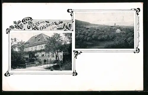 AK Olsbach, Ansicht vom Gutshaus, Ortsansicht mit Kirche