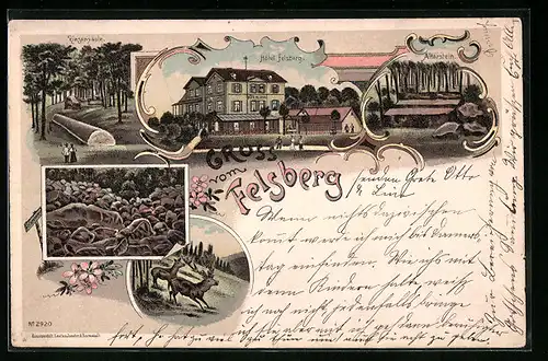 Lithographie Felsberg, Riesensäule, Hotel Felsberg, Altarstein