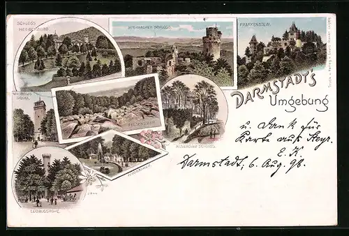 Lithographie Darmstadt, Umgebung - Schloss Heiligenberg, Frankenstein, Felsenmeer