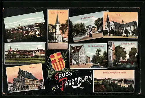 AK Paderborn, Ortsansicht, Rathaus, Dom, Schloss Neuhaus, Neuhäuser Tor