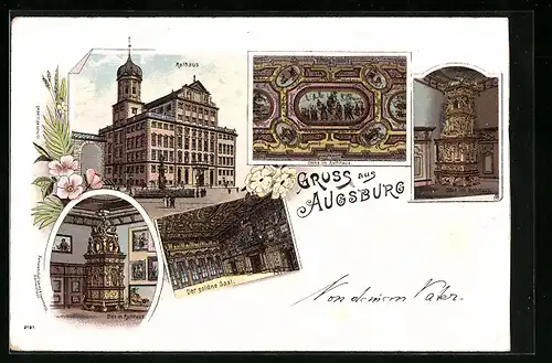 Lithographie Augsburg, Rathaus, Deckenansicht, Der goldne Saal