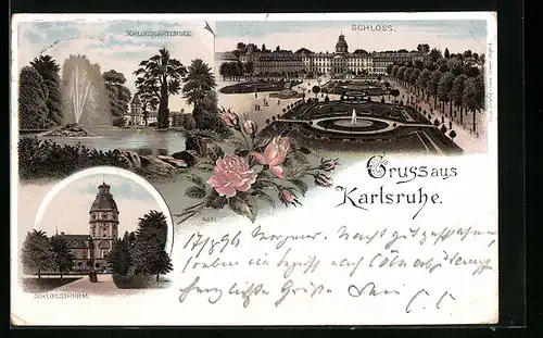 Lithographie Karlsruhe, Schlossgartensee, Schloss, Schlossthurm