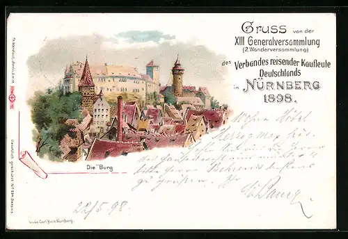 Lithographie Nürnberg, Die Burg, Generalversammlung des Verbandes reisender Kaufleute 1898