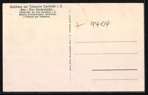 AK Carlsfeld i. E., Gasthaus Talsperre, Bes.: Max Heidenfelder