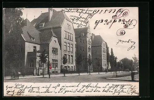 AK Erfurt, Baugewerkschule mit Strassenpartie