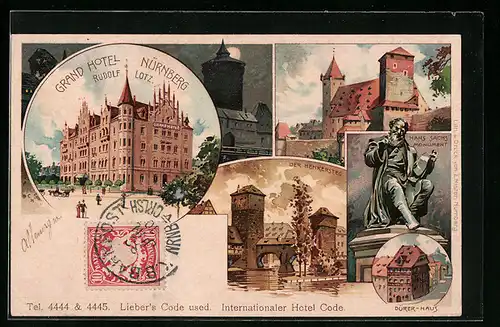 Künstler-AK Nürnberg, Grand Hotel Rudolf Lotz, Dürer-Haus, Hans Sachs Monument