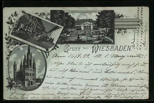 Lithographie Wiesbaden, Colonnaden, Evangelische Hauptkirche, Curhaus Vorder-Ansicht