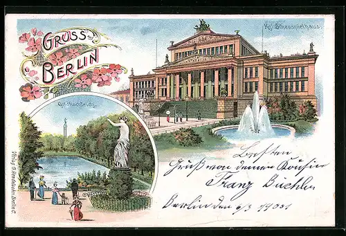 Lithographie Berlin, Kgl. Schauspielhaus, Goldfischteich, Gendarmenmarkt