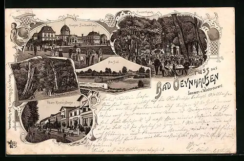 Lithographie Bad Oeynhausen, Grosses Soolbadehaus, Konzertplatz, Am Siel